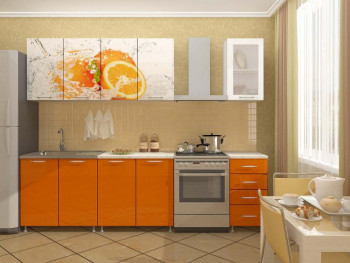 Кухонный гарнитур 1,6м Апельсин (Белый/Оранжевый металлик/Фотопечать апельсин) в Сосновке - sosnovka.mebel54.com | фото
